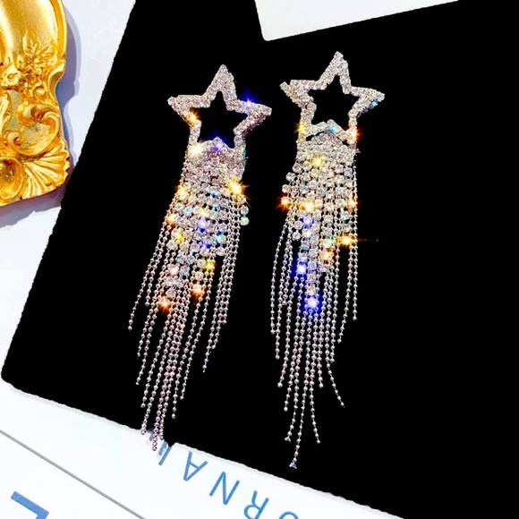 🌟 Silver Tone Rhinestone Star ⭐️ Earrings - Picture 1 of 5